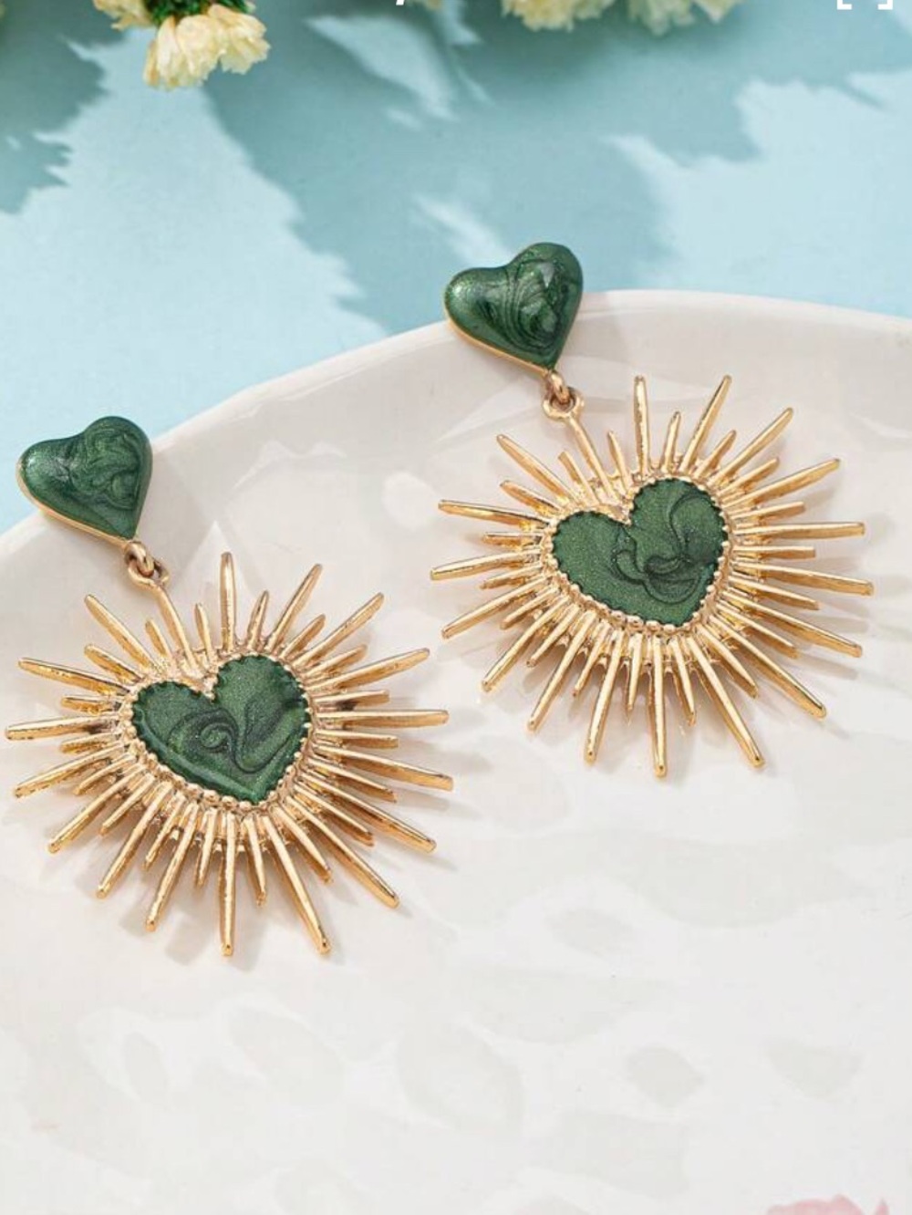 Sacred Heart Gold & Green Burst Dangle Drop Earrings